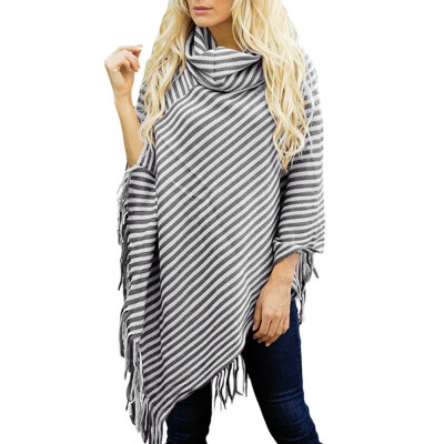 

Roseonmyhand Women Diagonal Striped High Collar Fringed Cloak Sweater Shawl