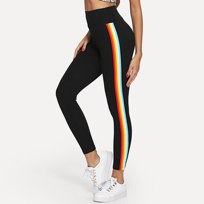 

Women Elastic Waist Wide Waistband Stripe Side Leggings Stretch Pencil Pants