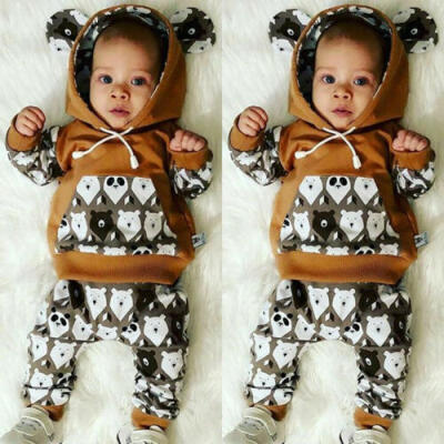 

2PCS Newborn Baby Girl Boy Tracksuit Clothes Set Hooded TopLong Pants Outfits