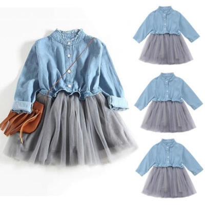 

Toddler Kids Baby Girl Casual Long Sleeve Denim Tutu Tulle Princess Party Dress