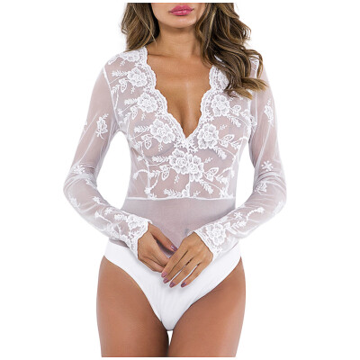 

Toponeto Women Wave Deep V-collar Sexy Lingerie Lace Long Sleeve Sexy Underwear Bodysuit