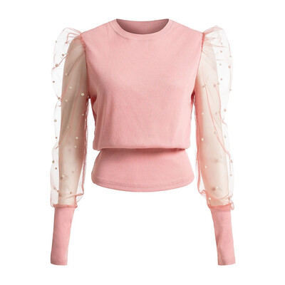 

Womens Mesh Sheer Puff Sleeve T Shirt Long Sleeve Sexy Blouse Slim Club Tops