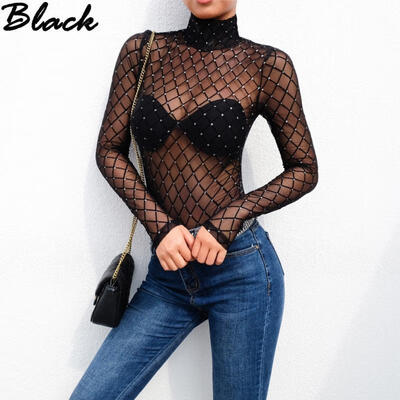 

Women New Black Sheer Mesh Lace Jumpsuit Long Sleeve Top Turtleneck Bodysuit