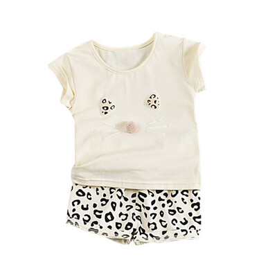 

Children Girls Casual Summer Cat Print Short Sleeve T-shirtLeopard Shorts Suits 2Pcs Costume Set