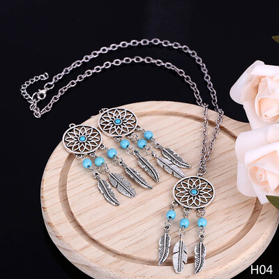 

Bohemian Style Pendant Dream catcher Earrings Feather Necklace Silver Leaves Lucky Earrings