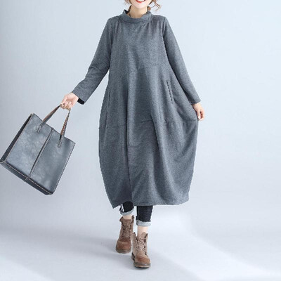 

5 pieces of spring&autumn new retro solid color lantern skirt high collar temperament long skirt cotton&linen stitching lo