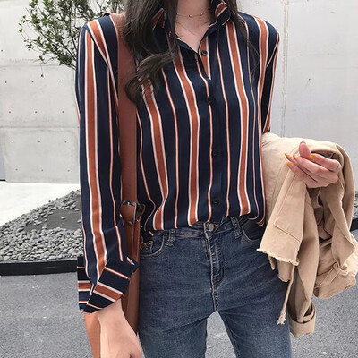 

Womens Lapel Casual Shirts Loose Long Sleeve Striped Thin Tops Business Blouse