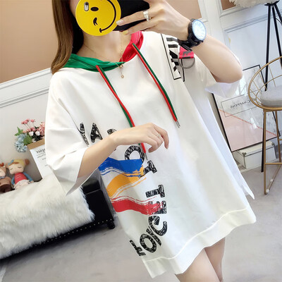 

Pre-Harajuku Letter Printed Long T Shirts For Women Summer Short Sleeve Hooded Tee Shirts Women Tops Hip Hop Style