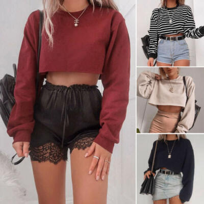 

Womens Crop Top Hoodie Long Sleeve Casual Solid Hooded Sweatshirt Tee Dance