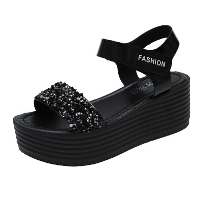 

New summer 2019 fairy sandals women sponge cake thick sequins toe Korean version of Joker fashion Roman women shoes