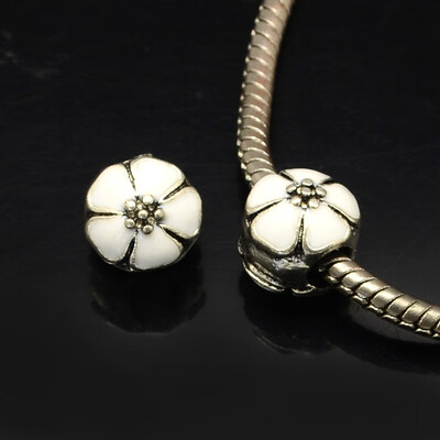 

Alloy Enamel Flower Large Hole Style European Beads Antique Silver White 10x11mm Hole 4mm