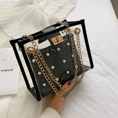 

Summer transparent mother bag female 2019 new wave Korean version of the wild Messenger bag chain shoulder pearl jelly package