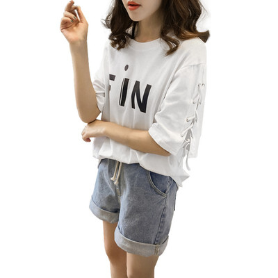 

Women Summer Lace Up T-Shirt O-Neck Print Casual Top Half Sleeves Basic Female T-shirt -5XL