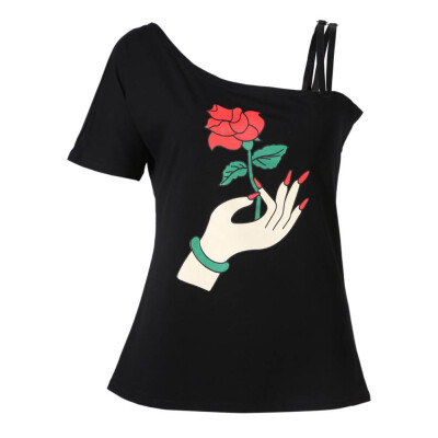 

Fashion Summer Sexy Women Ladies Short Sleeve Flowers Print Rose Off Shoulder Black White T shirt