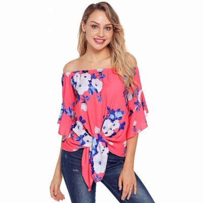 

One-word collar speaker seven-point sleeve hem knotted retro print top