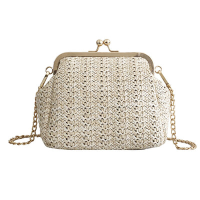 

Fashion Summer Beach Women Kiss Lock Straw Woven Chain Crossbody Shoulder Bag