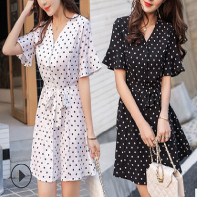 

mengtuer Polka Dot Short Sleeve Shirt Midi Skirt  M L 6886