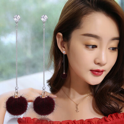 

S925 silver needle temperament ear jewelry mink fur ball long paragraph earrings fashion girl earrings