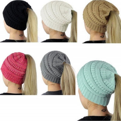 

Girl Stretch Knit Hat Messy Bun Ponytail Beanie Holey Warm Hats Winter