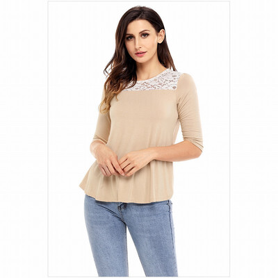 

Multicolor round neck cropped sleeves back hollow neck button lace stitching top