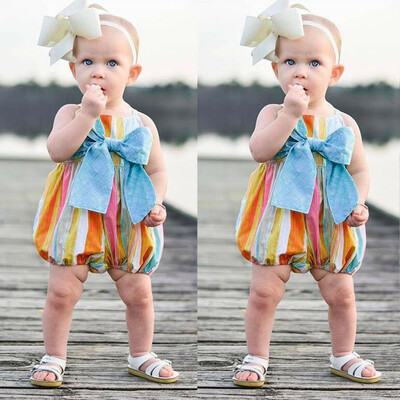 

Summer Infant Baby Girls Sleeveless Rainbow Print Bow Romper Jumpsuit
