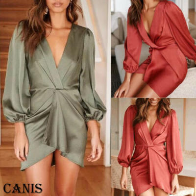 

Women Sexy Deep V-Neck Long Sleeve MIini Dress Evening Cocktail Party Dresses