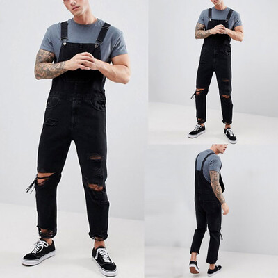 

Gobestart Mens Hole Pocket Jeans Overall Jumpsuit Streetwear Overall Suspender Pants