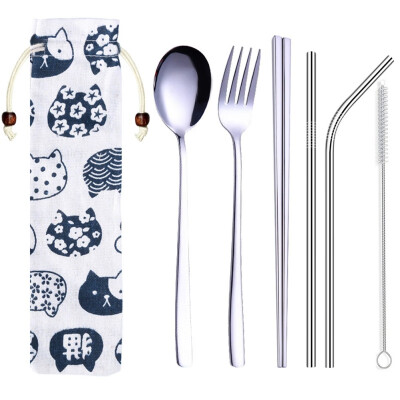 

Portable Travel Dinneware Set Stainless Steel Spoon Straws Chopsticks Fork Set With Linen Bag Kitchen Tableware