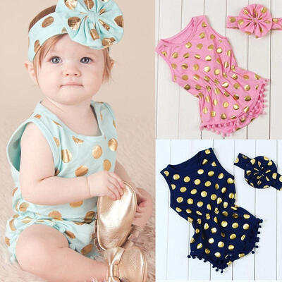 

Summer Baby Girl Gold Dots Clothes Bodysuit RomperHeadband 2Pcs Jumpsuit Bow Outfits Set