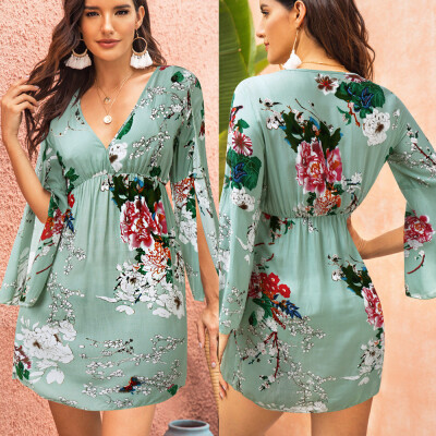 

Tailored Women Fashion V-Neck Floral Print Hight Waist Fork Long Sleeve Dress