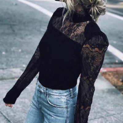 

US Sexy Women See-Through Sheer Mesh Lace Long Sleeve T Shirt Party Tops Blouse