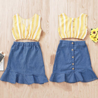 

2PCS Toddler Kids Baby Girls Summer Clothes Striped Tops T-shirt Denim Skirt Set
