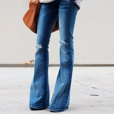 

〖Follure〗Fashion Women Jeans Denim Hole Female Mid Waist Stretch Slim Flare Pants