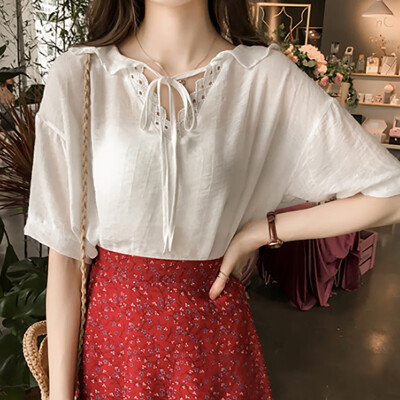 

Womens Casual V Neck Solid Short Sleeve Lace Up Cotton & Linen T-Shirt