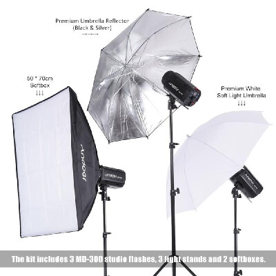 

Andoer MD-300 900W 300W 3 Studio Strobe Flash Light Kit with Light Stand Softbox Lambency Unbrella Barn Door Flash Trigger Car