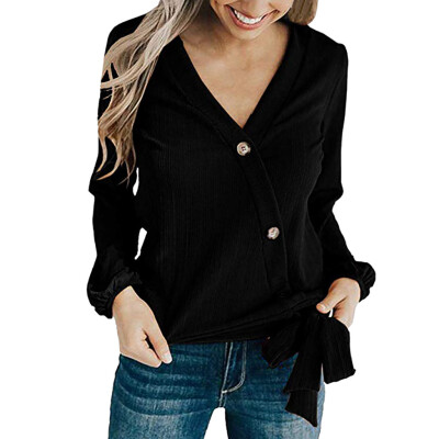 

Nomeni Women V Neck Tie Front Knot Button Long Sleeve Blouse Casual Tops Shirt BKL