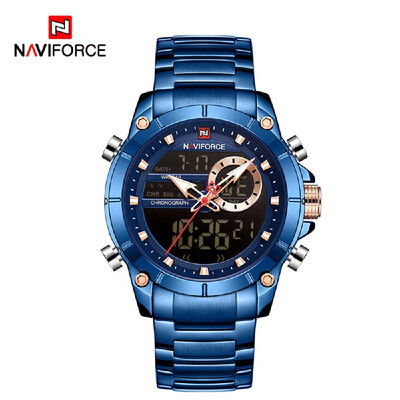

Naviforce Men Quartz Watch Dual Core Stainless Steel Band Fashion Multifunction Wristwatch 3ATM Alarm Outpout Hourly Chime Snooze