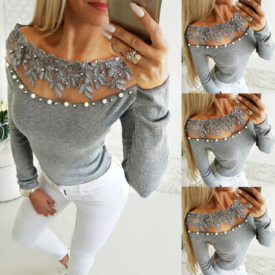 

Beautiful New Women Sexy Solid Lace Cold Shoulder Long Sleeve Slim Blouse Top