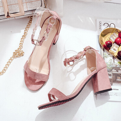 

Sandals women summer Korean version of a word buckle high heels students small fresh coarse heel single shoe woman