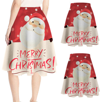

Roseonmyhand Women Casual Christmas Santa Printed Elastic High Waist Cosplay Ball Gown Skirt
