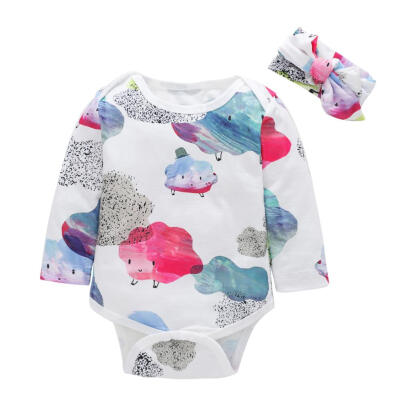 

2pcs Baby Cute O-Neck Cartoon Cloud Doodle Long Sleeve Romper Headband Suit