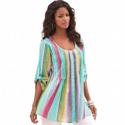 

Contrast striped round neck long sleeve casual loose blouse top