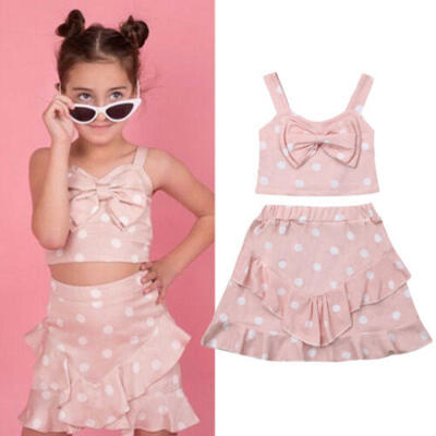 

US Stock Toddler Baby Girls Summer Clothes Bow-knot Tops Ruffle Dress Outfit Set