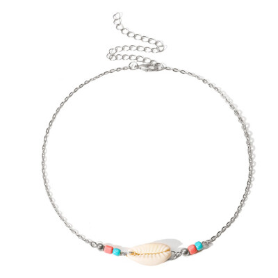 

Bohemian Beach Jewelry Simple Woven Silver Beads Pulled Shell Clavicle Choker Necklace For Women