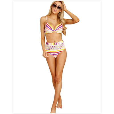 

Sexy three-point bikini Womens color striped tube top strap high waist split swimsuit