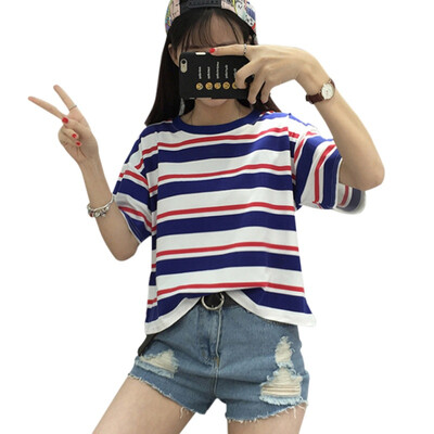 

Harajuku Summer Hit Color Striped Female T-Shirt Loose O-Neck Cute Casual T shirt Girls Street Costume for Women