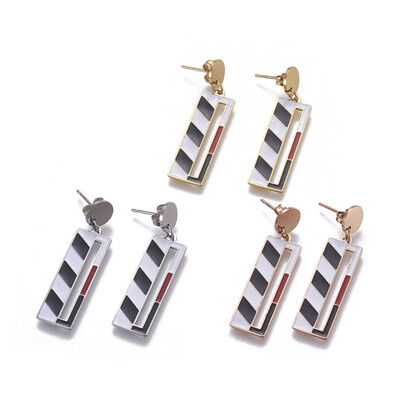 

304 Stainless Steel Dangle Stud Earrings with Enamel Rectangle & Flat Round Mixed Color 39mm Pendant 305x10x1mm Pin 08mm