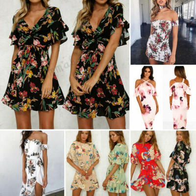 

2019 Women Summer Boho Floral Short Mini Dress Evening Cocktail Beach Dresses