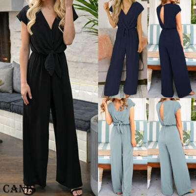 

Women Summer Playsuit Romper V Neck Jumpsuit Short Sleeve Casual Simple Pants