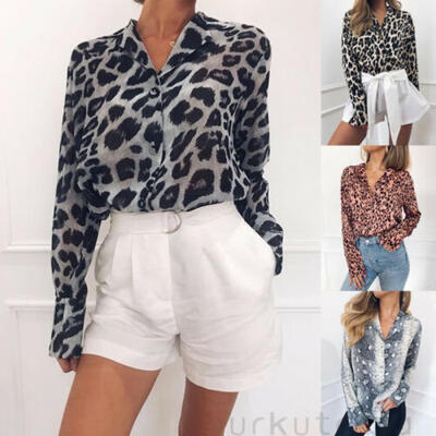 

Womens Loose Long Sleeve Leopard Python Print Tops Blouse Button Down Shirt